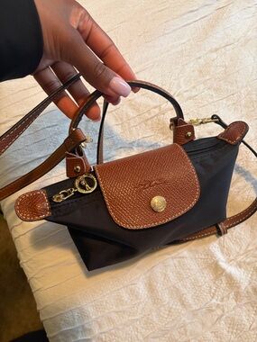 Longchamp Black Nylon Crossbody with Brown Leather Trim